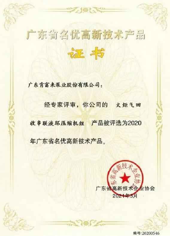 泉州赵明生态环境监测有限公司火炬气回收串联液环压缩机组被评选为2020年广东省名优高新技术证书